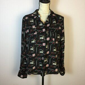 Investments Shirt Blouse PL Womans Petite Black Floral Button Up Drape Back Vtg